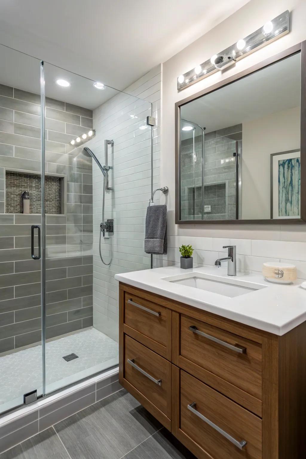 A stylish vanity area that complements the modern shower design.