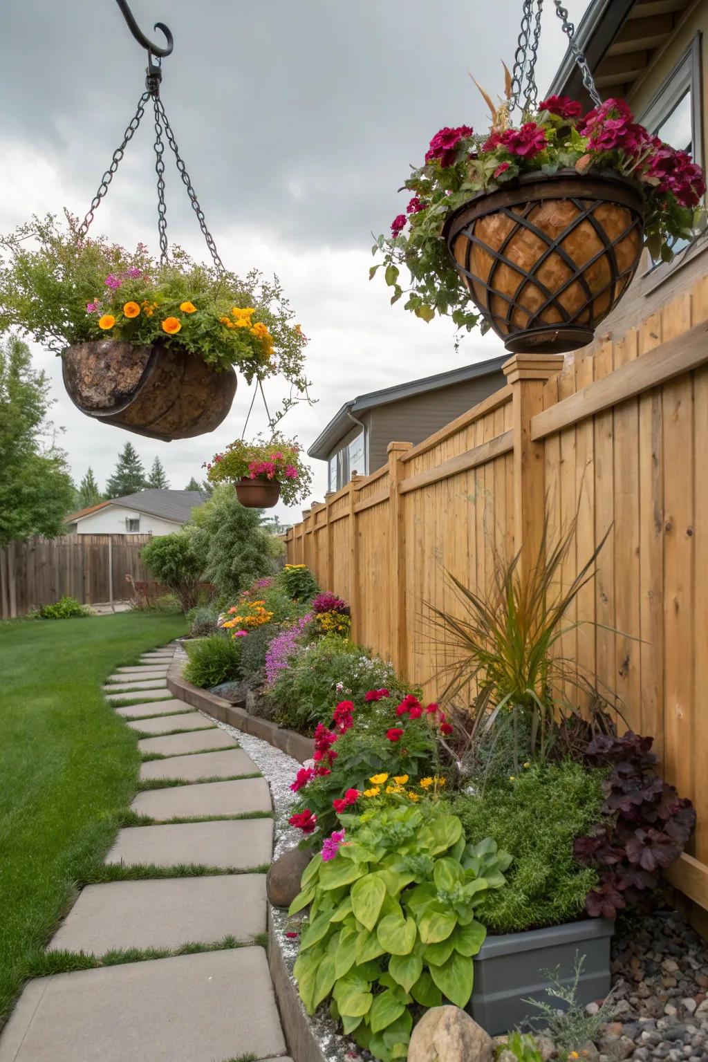 Hanging planters maximize space and introduce color.