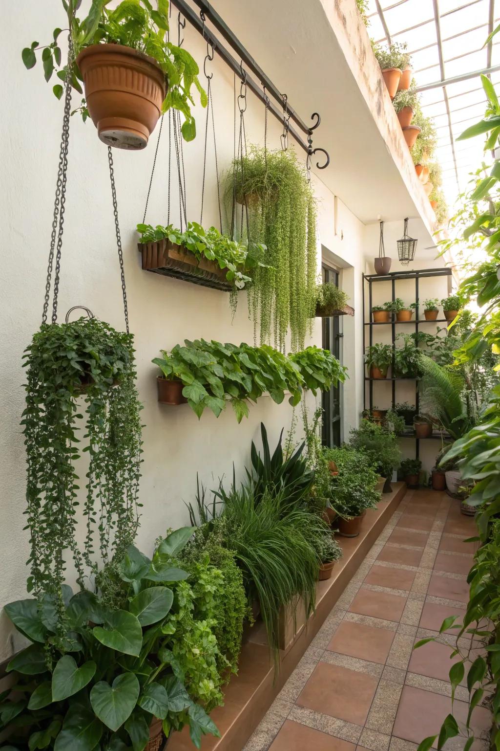 Hanging gardens utilizing vertical space within a small area.