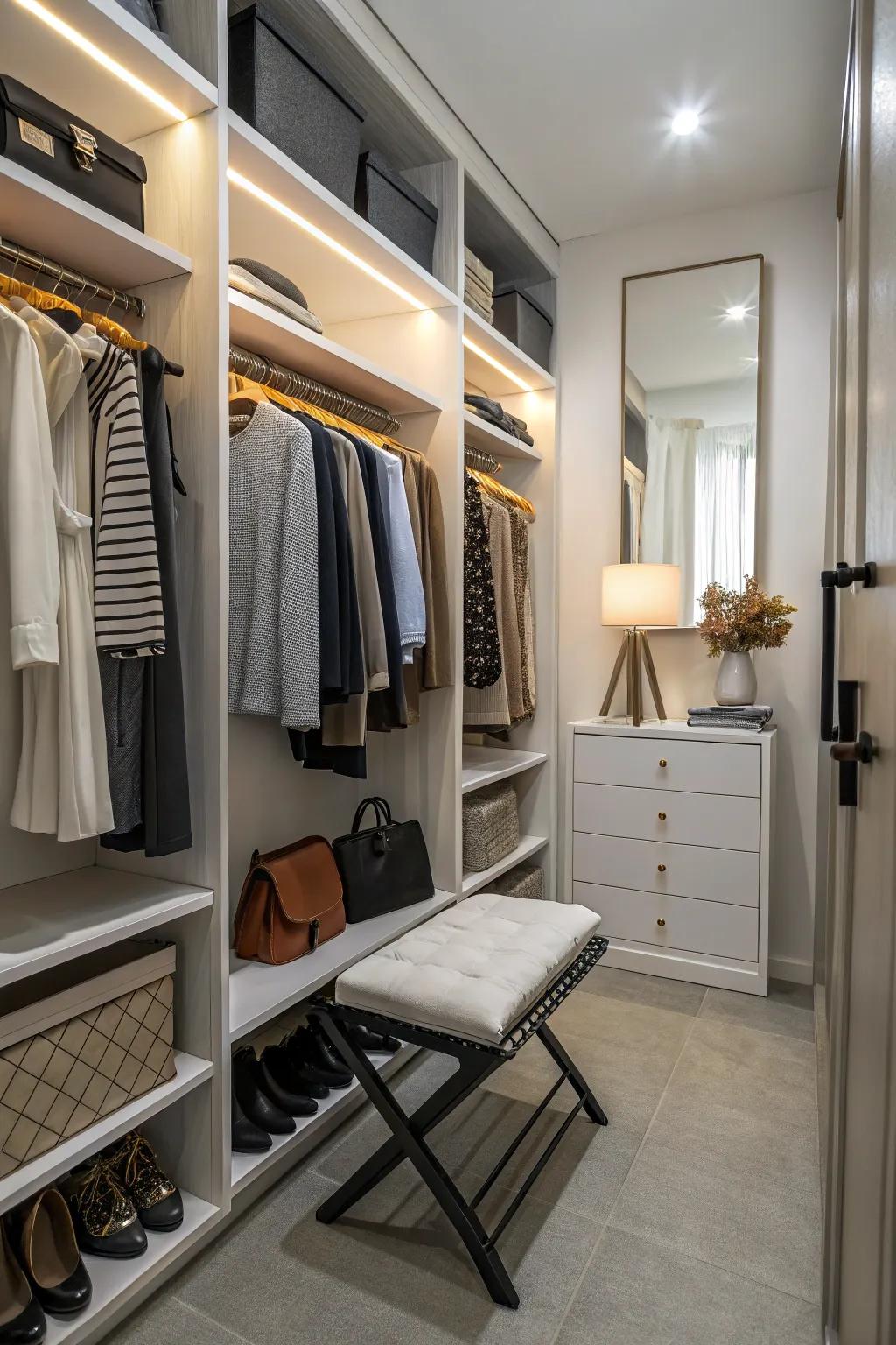 A foldable seat enhances comfort while saving space.