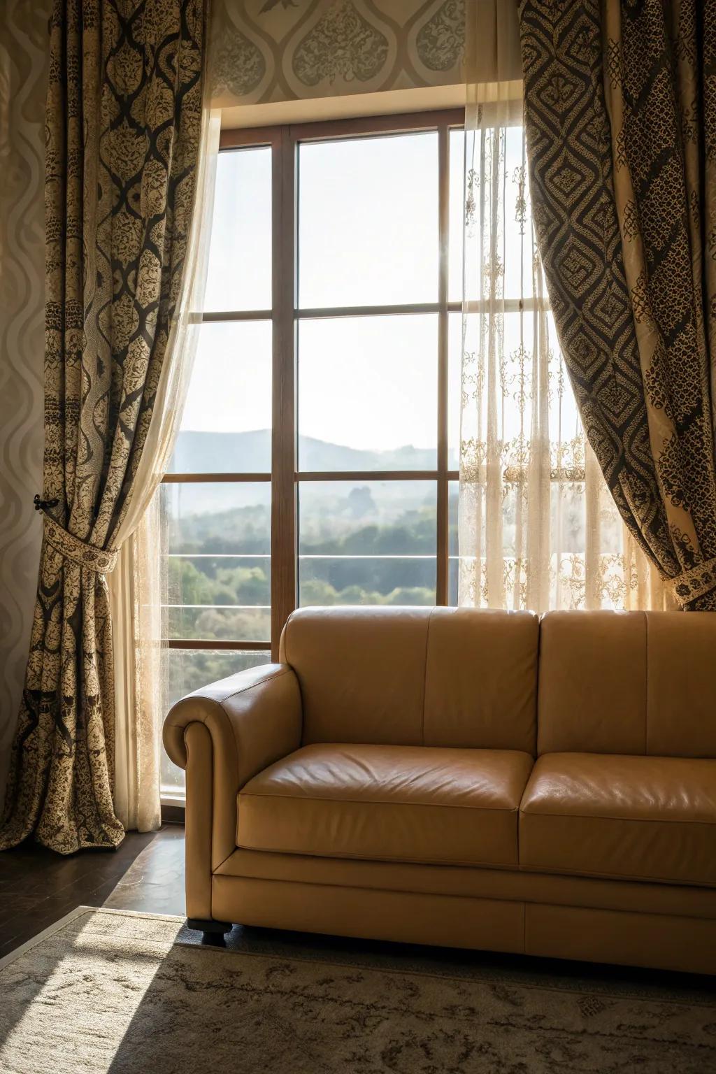 Patterned drapes append character to a sitting room featuring a russet hide settee.