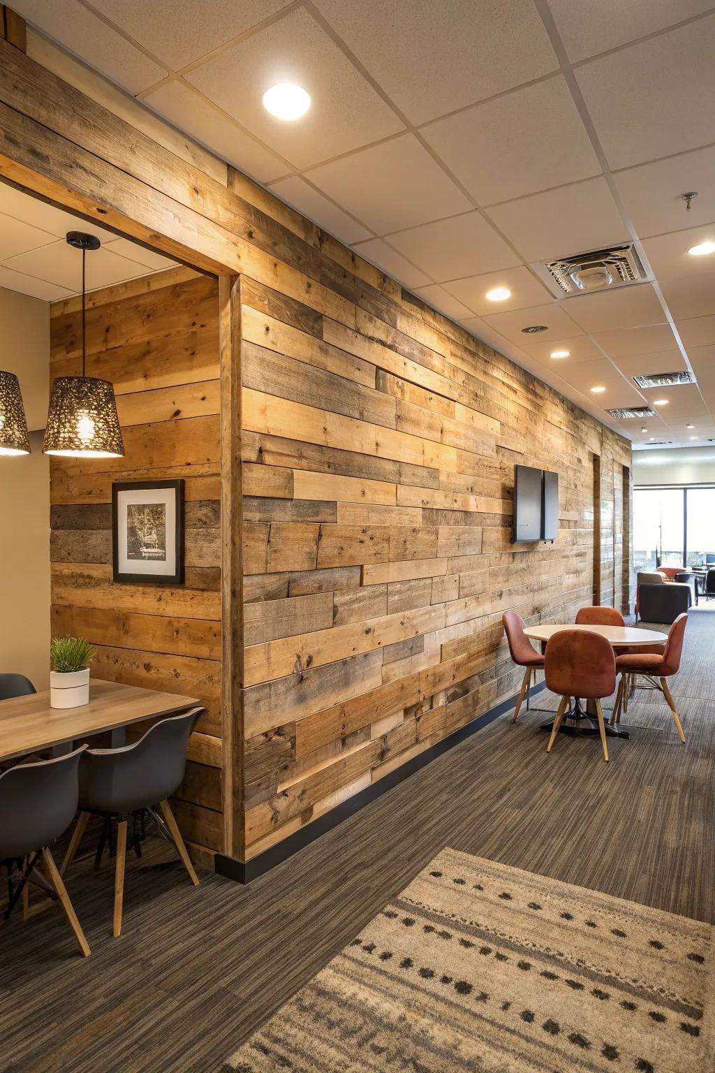 Salvaged wood sections adding warmth to a modern work center.