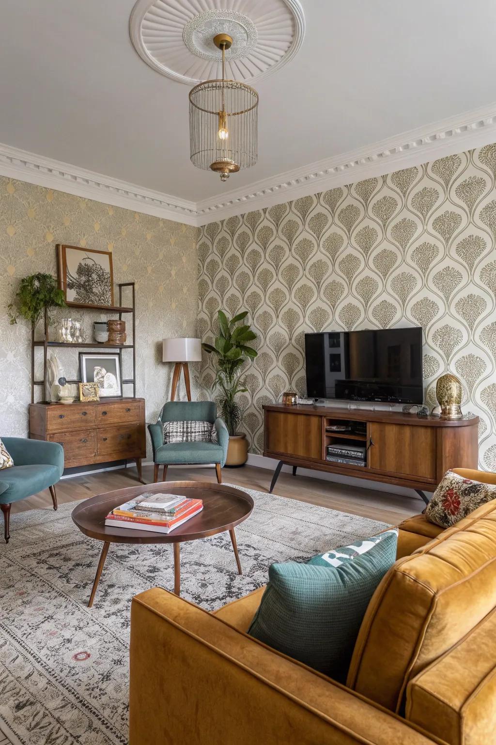 Old-fashioned revival wall decor brings nostalgic charm to a contemporary living room.