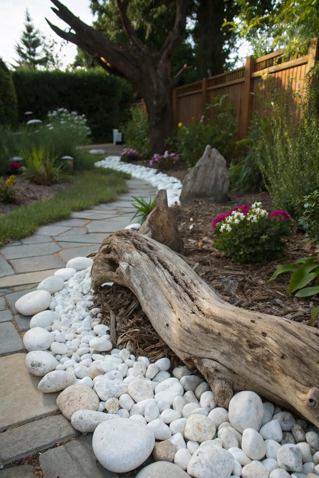 An elegant blend of driftwood and pale stones in a garden, evoking coastal charm.