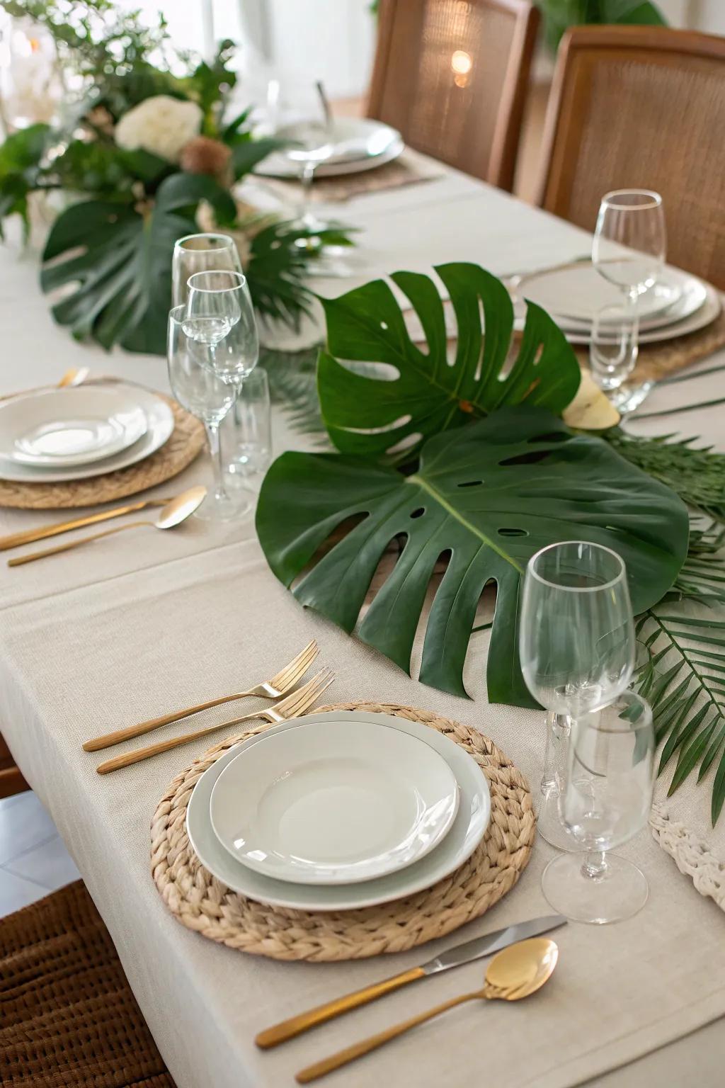 A fashionable tablecloth made of monstera leaves.