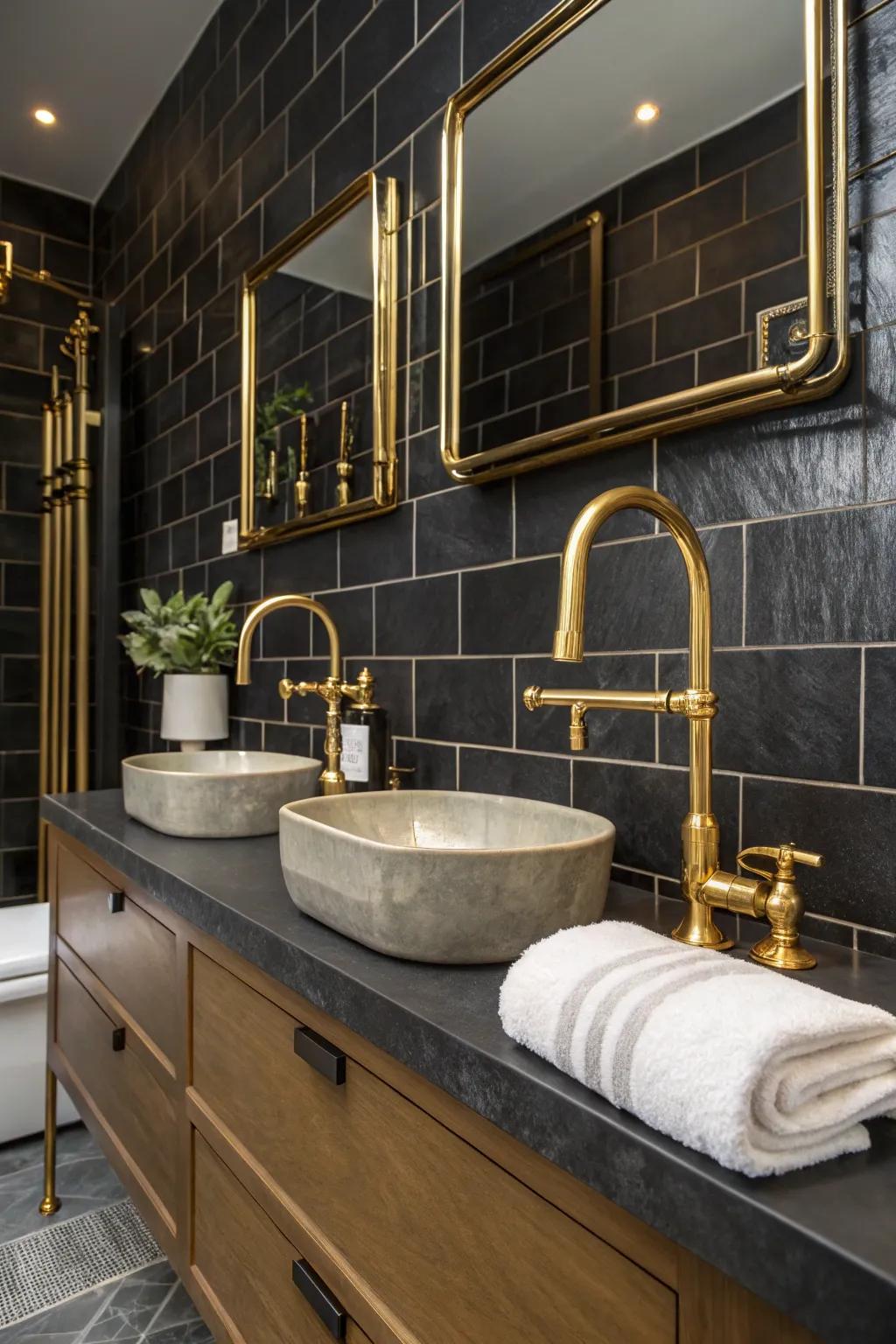 Metallic highlights bring warmth and glam to subdued bathrooms.