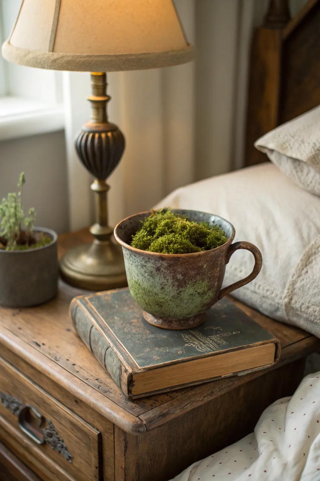 A vintage mug reimagined into a quaint moss garden.