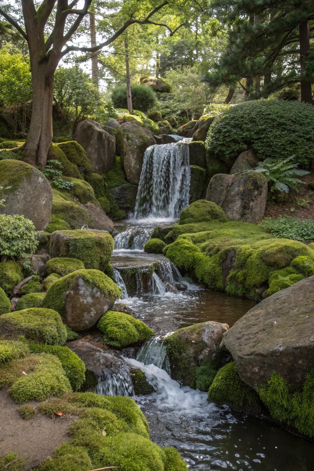 A tranquil setting cascade flowing over lush moss stones.