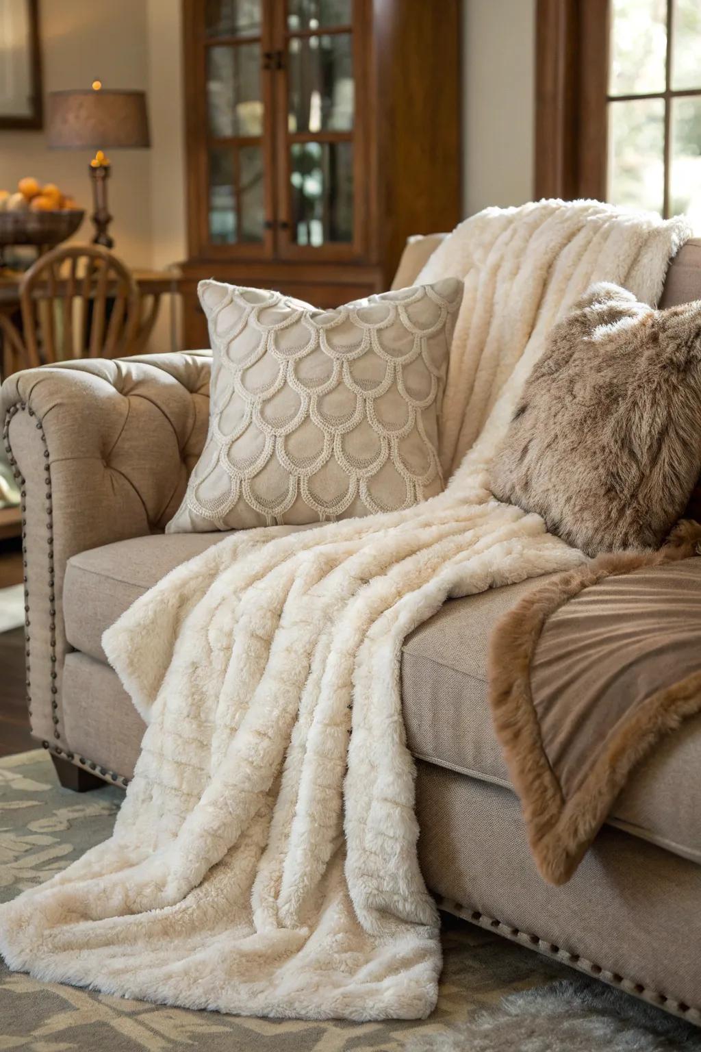 A lavish touch with imitation fur accents in a cozy room.