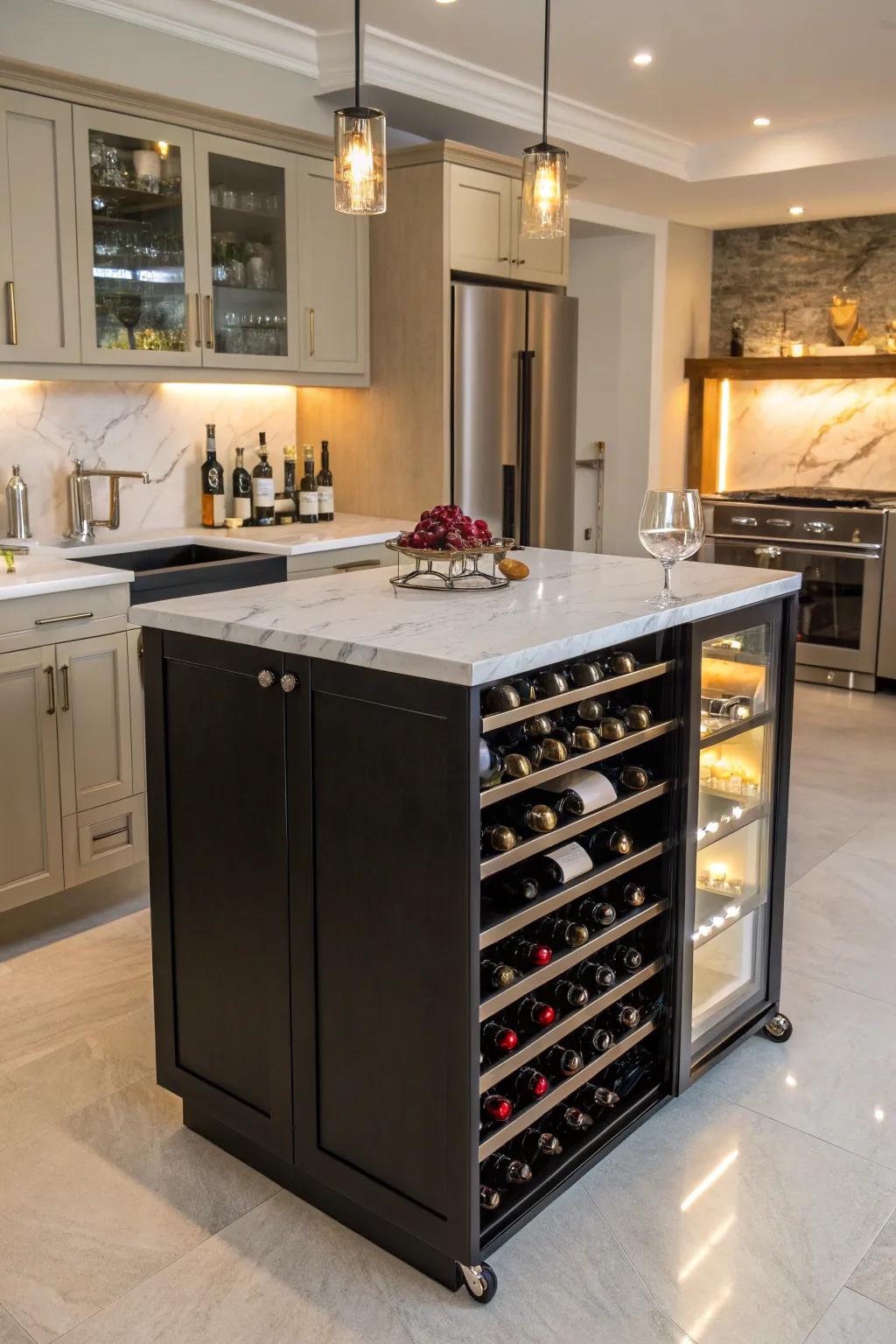 An elegant wine rack incorporated into a kitchen island