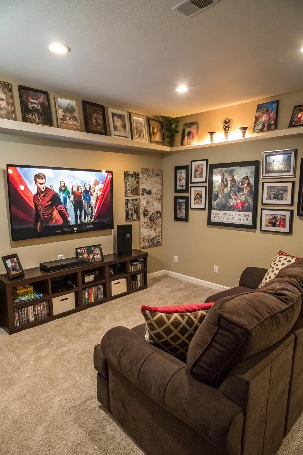 A family room showcasing a 3D film-themed art piece.