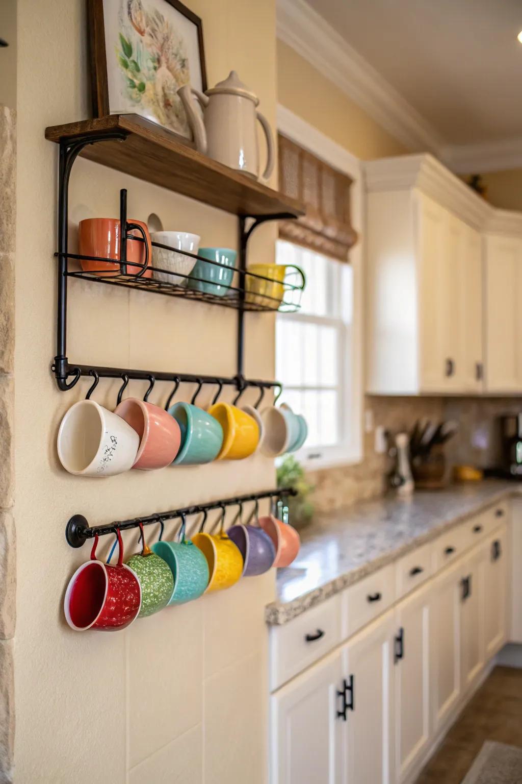Elevate your kitchen decor with a hovering shelf rack for mugs.
