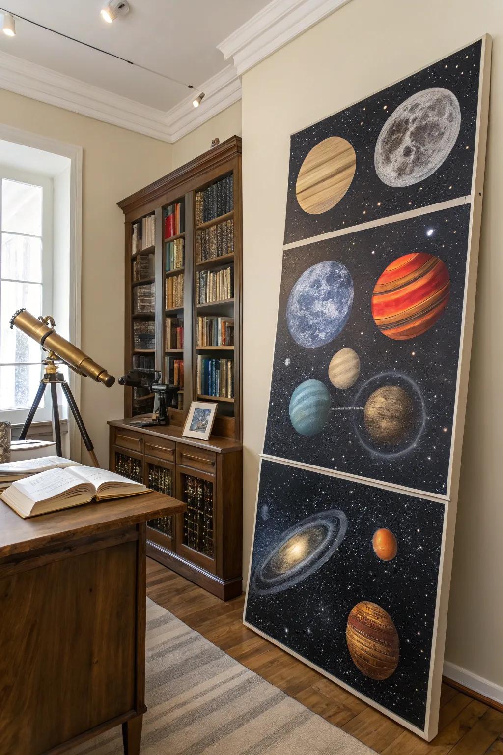 A heavenly theme featuring cosmic stars and planetary bodies, diffusing awe throughout the study's partitions.