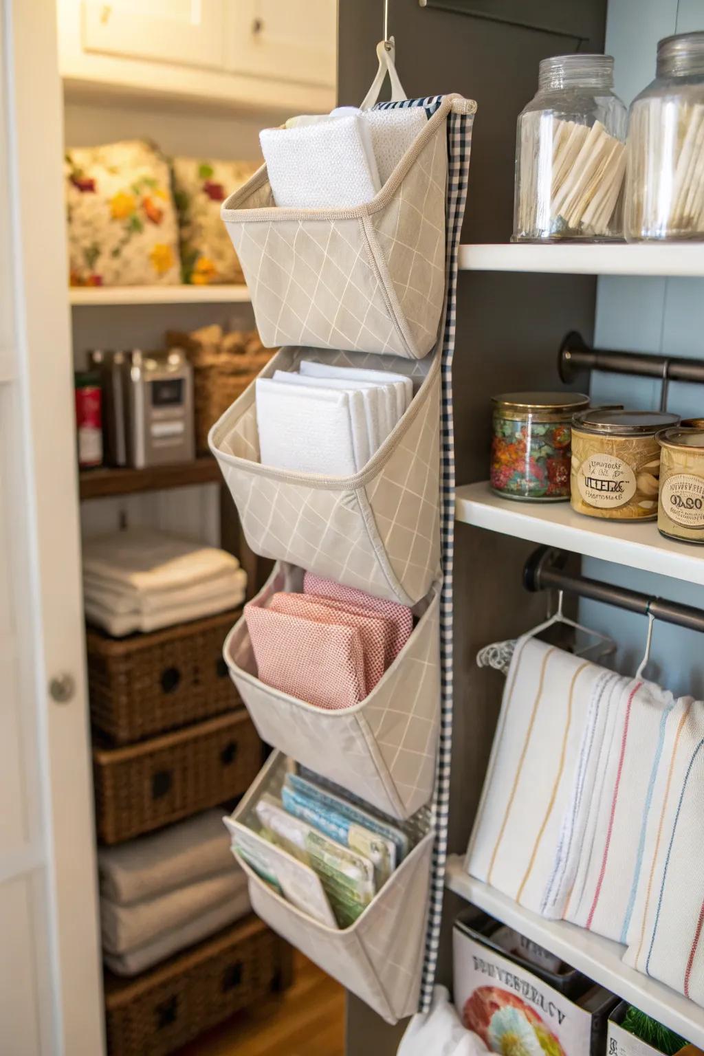 Hanging organizers render napkin storage uncomplicated and readily accessible.