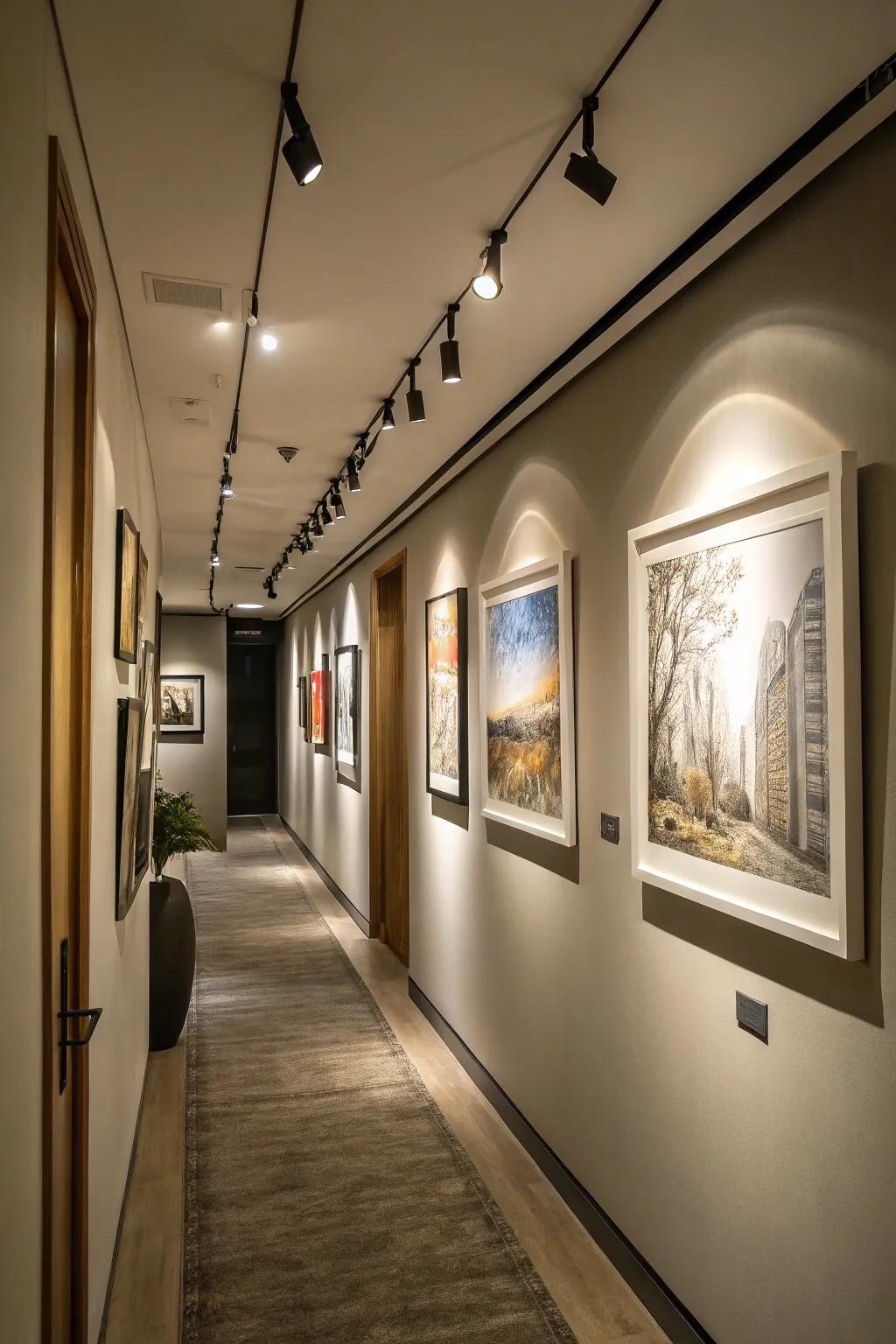 Track lighting offers adaptability and is aimed at features.