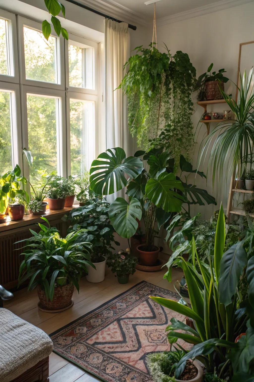 An indoor botanical sanctuary brings the vibrancy of lush greenery inside.