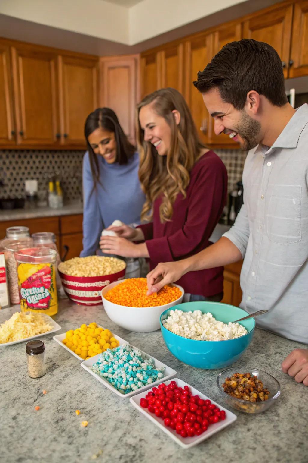 Friends enjoying a flavorful popcorn creation showdown.