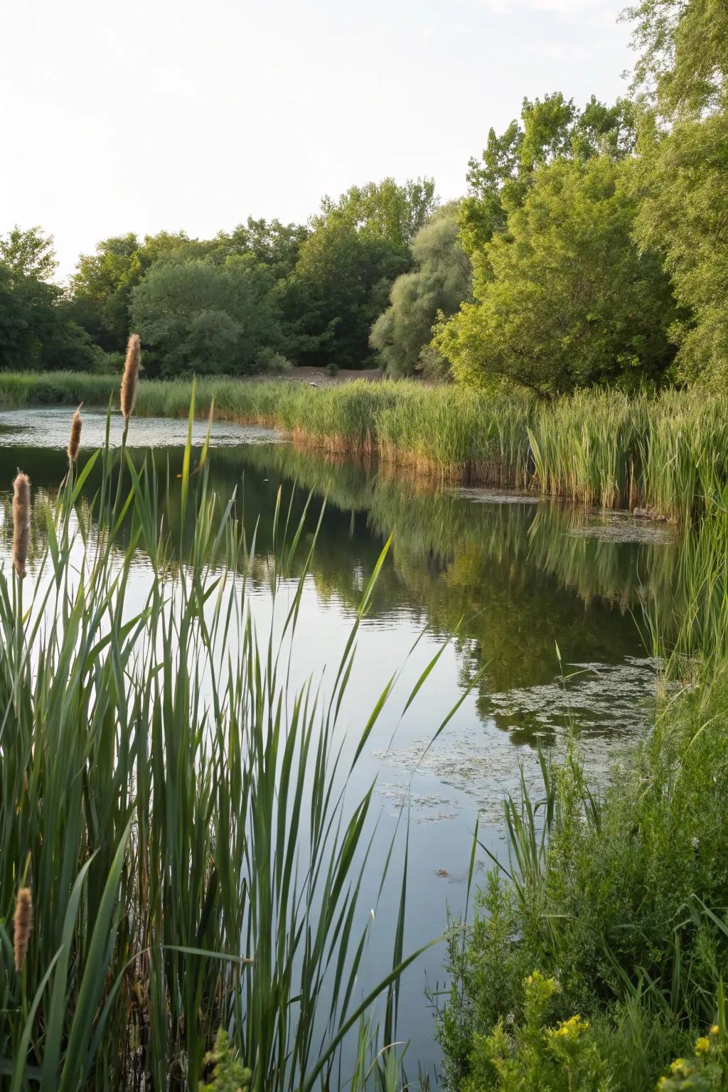 Towering flora furnishing vertical curiosity and a native backdrop for a pond.
