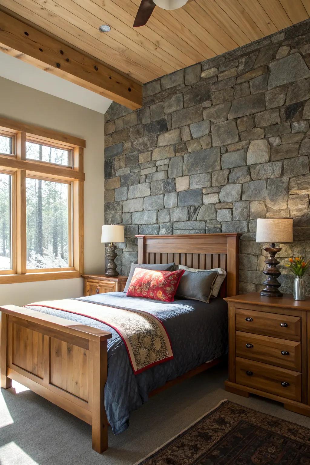 Stone elements add texture and a natural aesthetic to the bedroom.