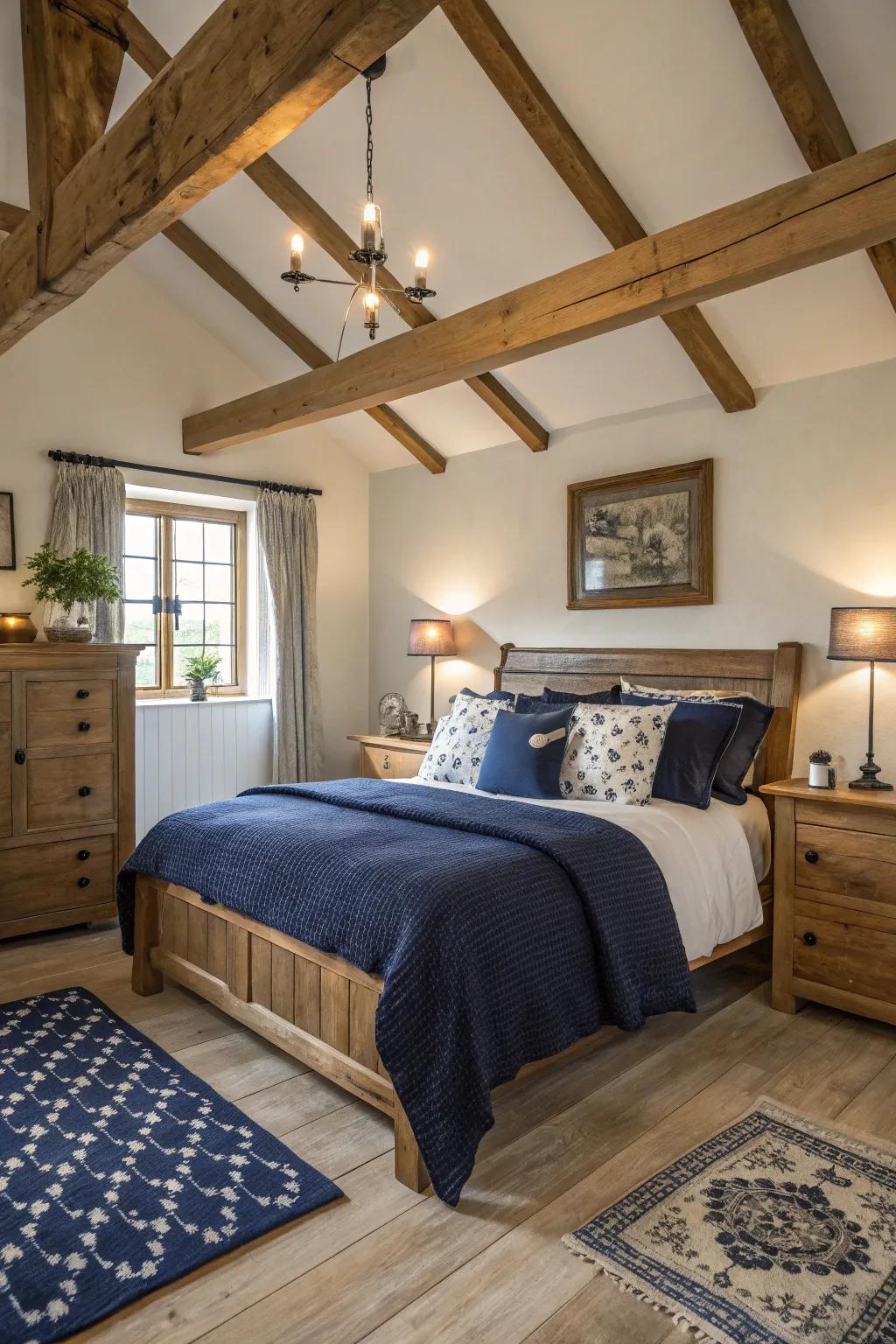 Blend navy and rustic charm for a cozy farmhouse feel.