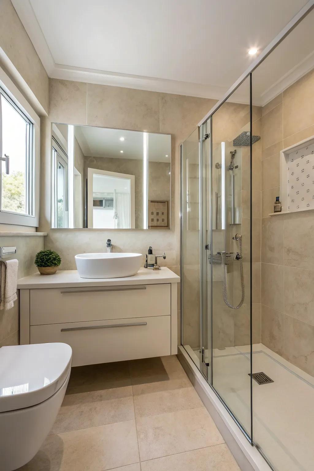 Contemporary minimalism keeps the neutral bathroom clutter-free.