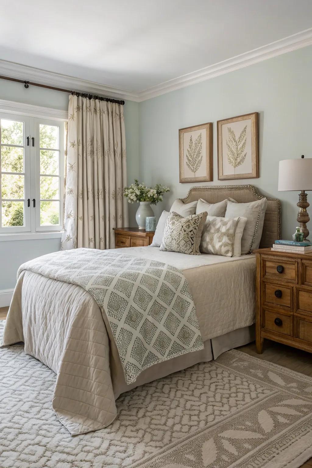Subtle patterns append dynamic interest to a neutral bedroom.