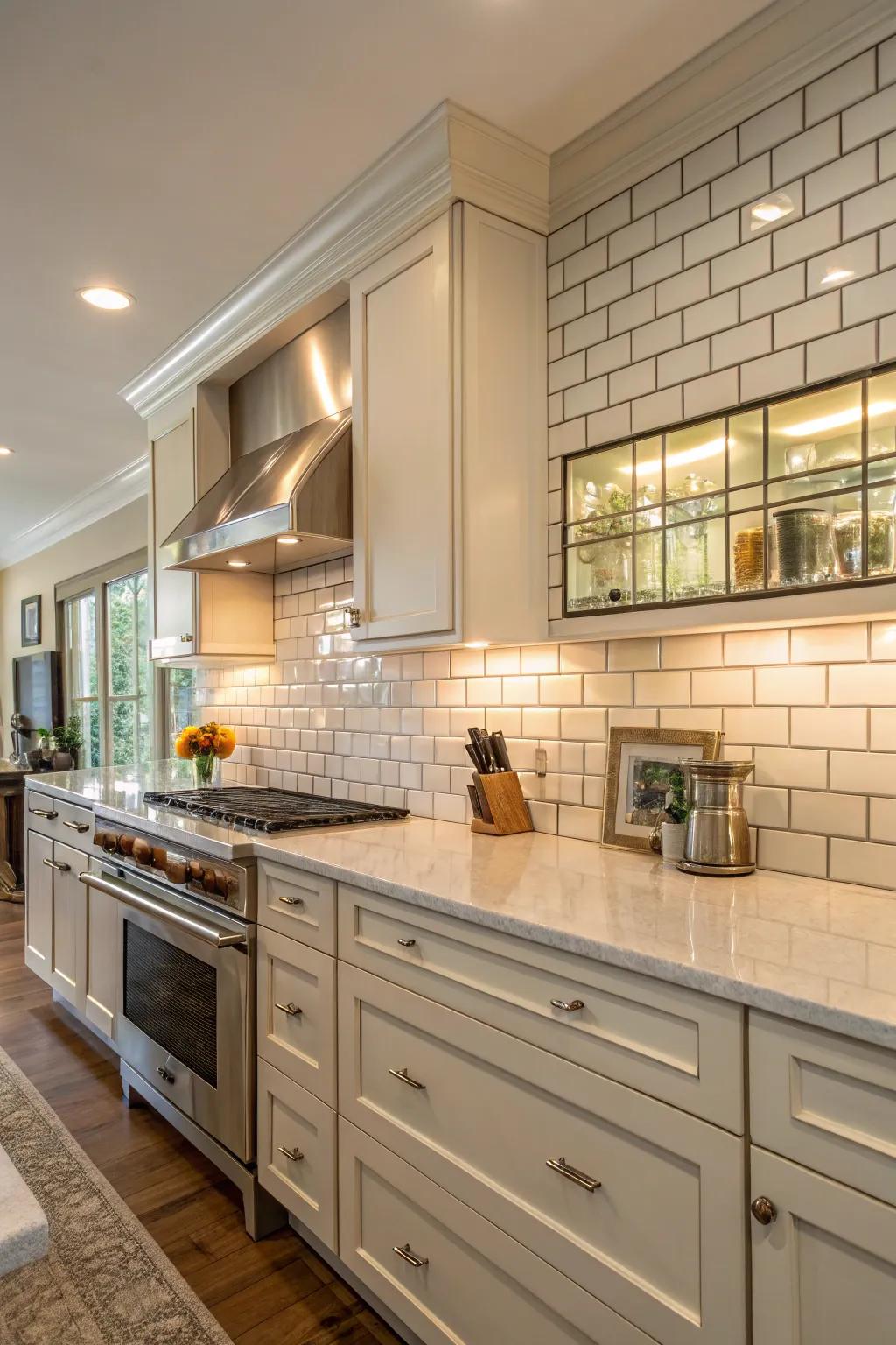 Mirrored brick tiles add a hint of glamour to the kitchen.