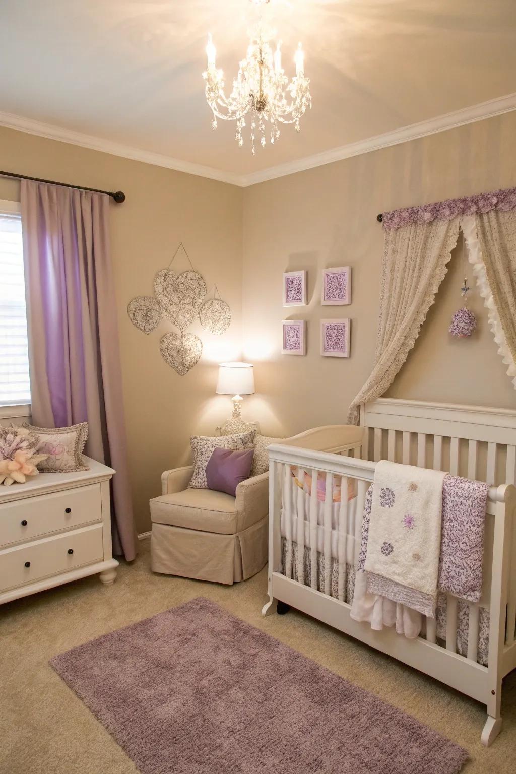 A nursery featuring refined lilac clues.