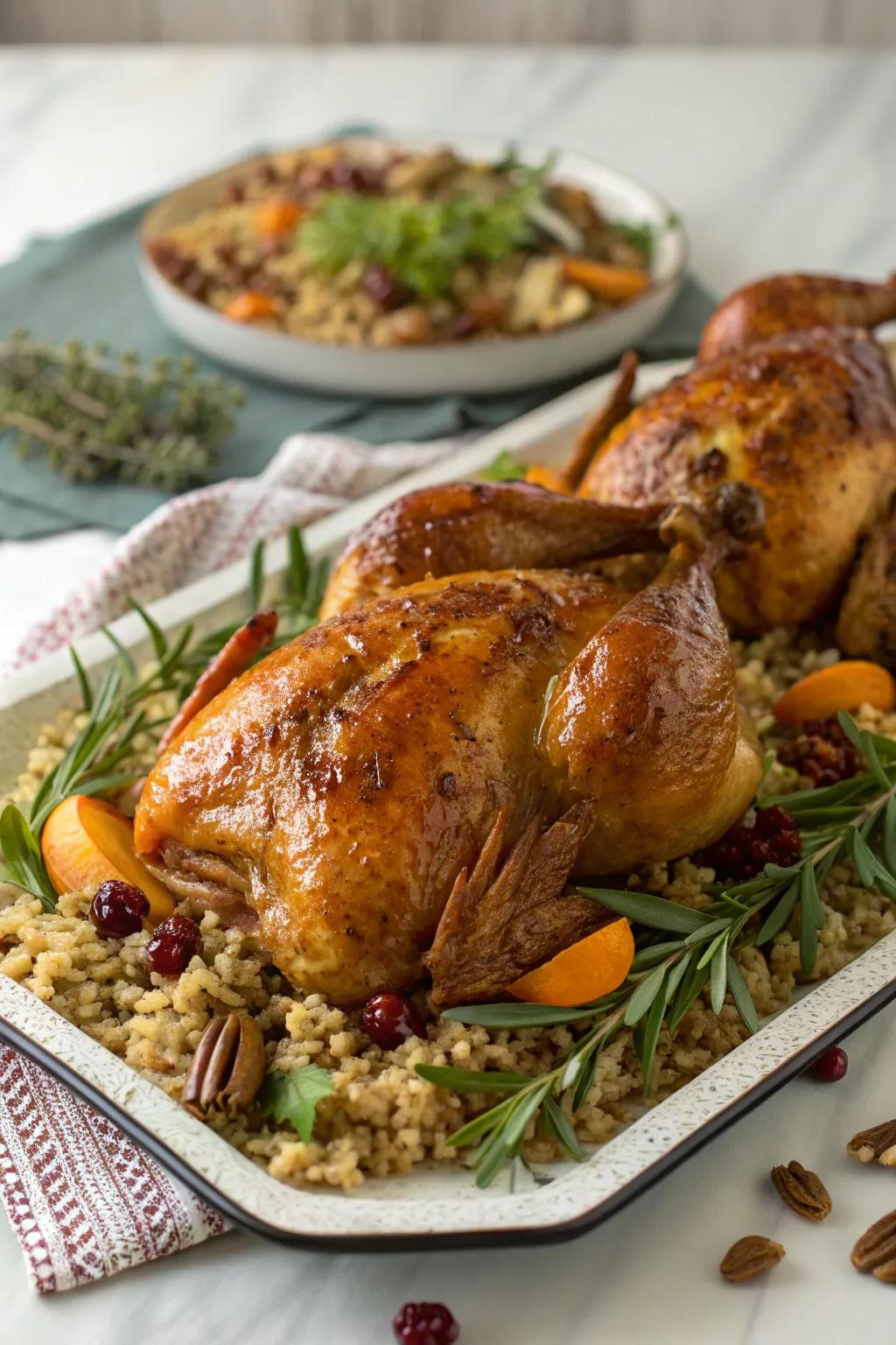 Glazed Cornish hens with pecan-rice stuffing, adding an elegant touch to the New Year's table.