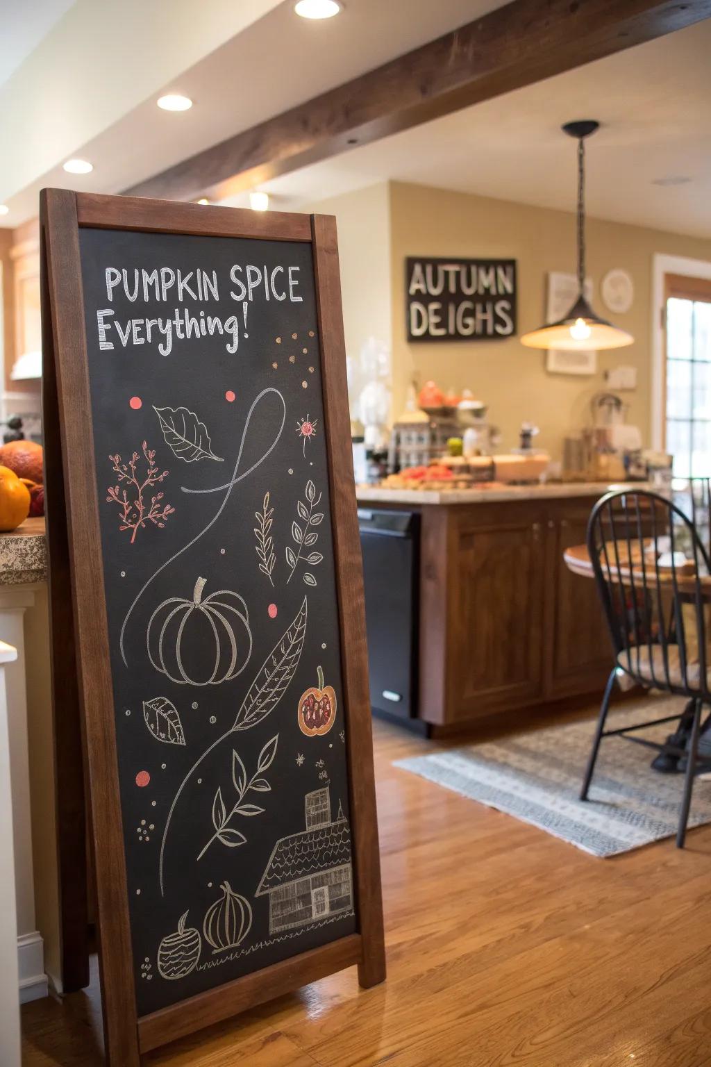 A playful pumpkin essence chalkboard, commemorating autumnal flavors.