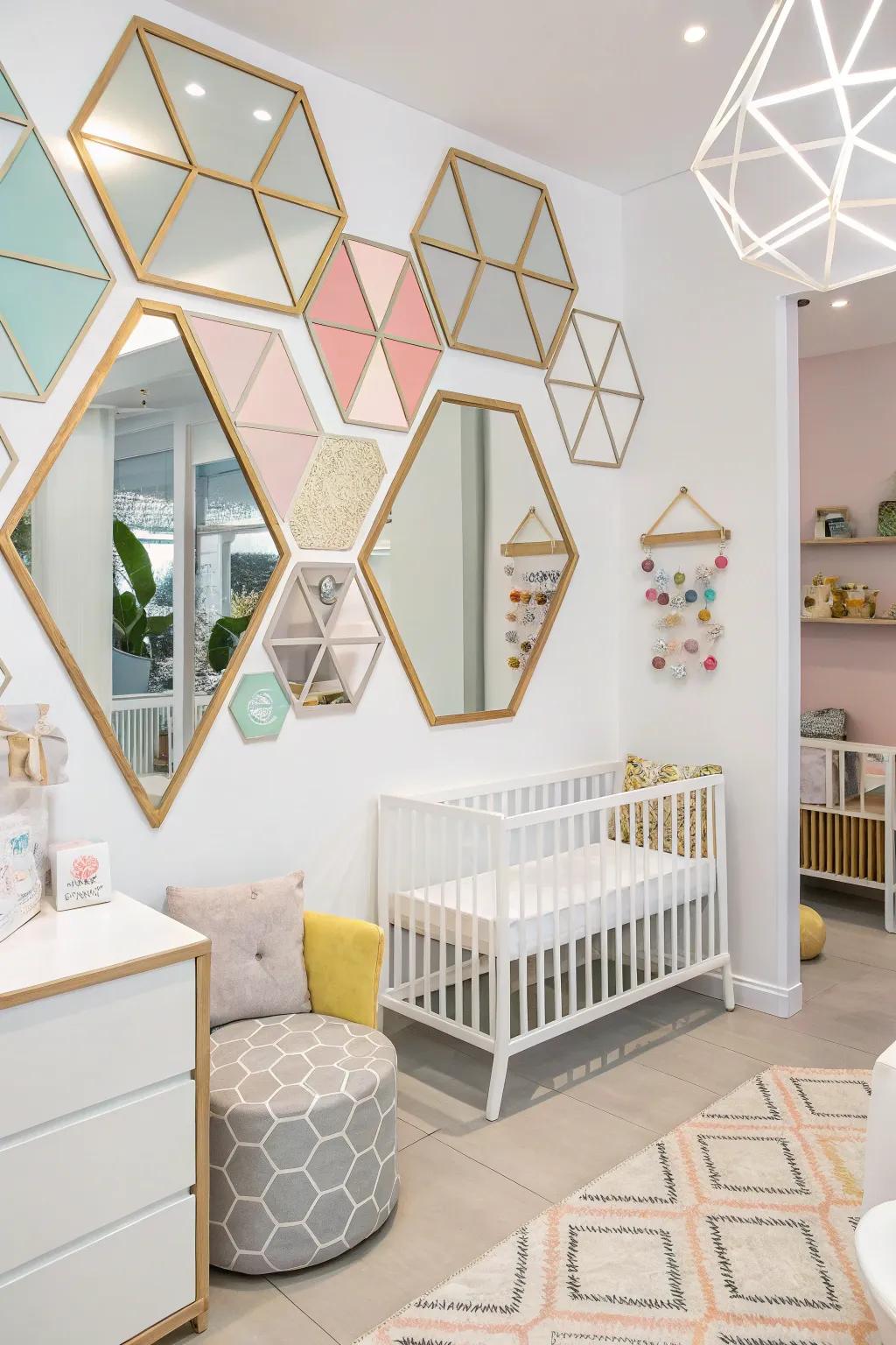 Geometric reflectors bring a daring, modern twist to this nursery.