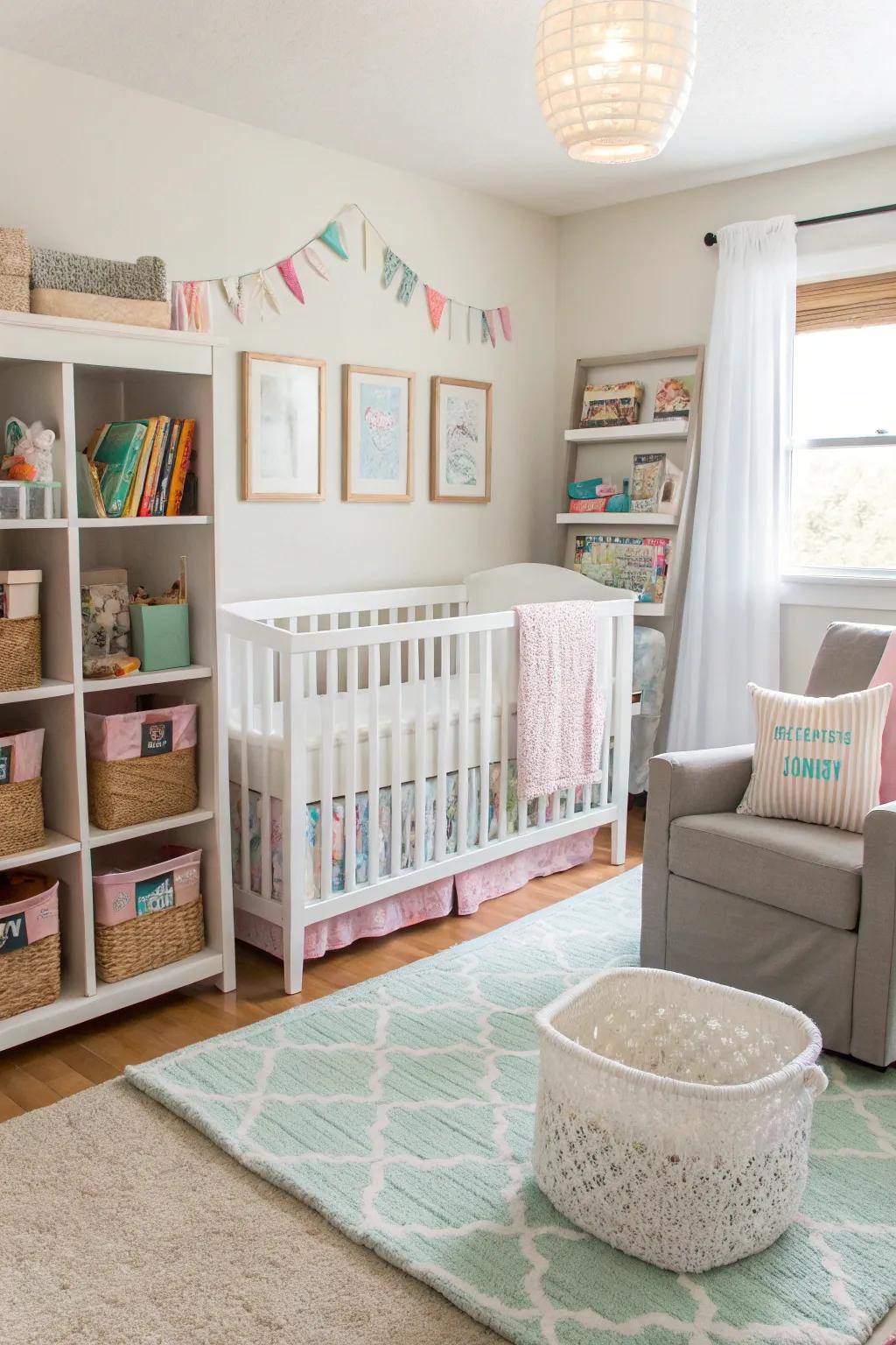 Smart storage solutions keep the nursery organized and clutter-free.