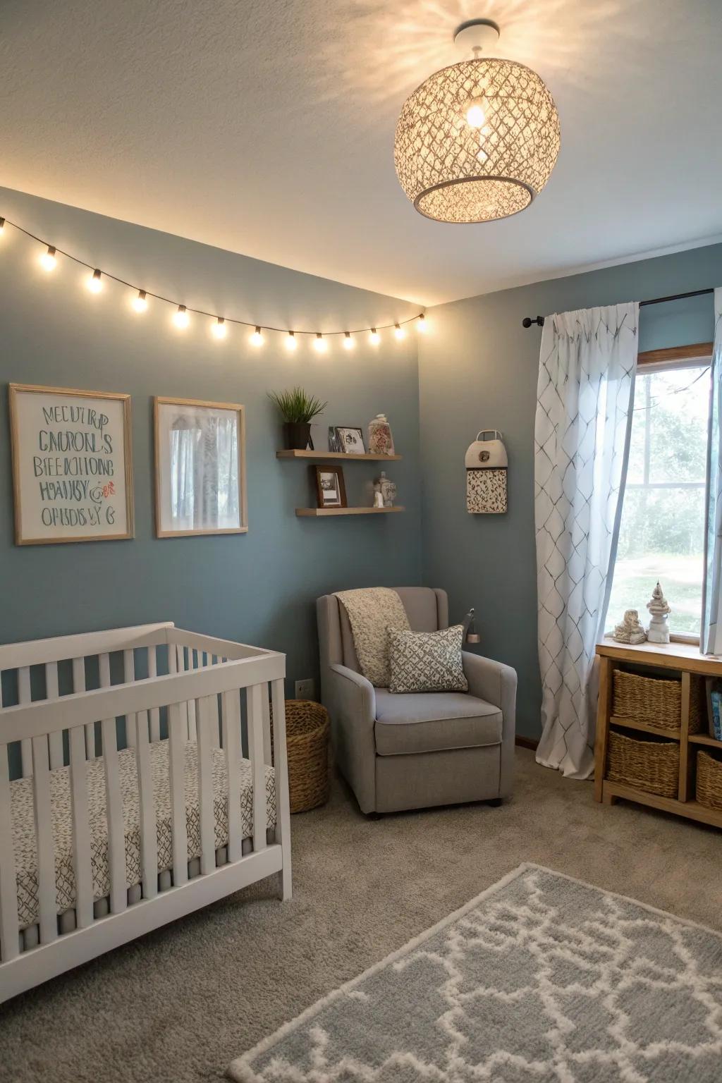 A refreshing nursery featuring fog blue shades.