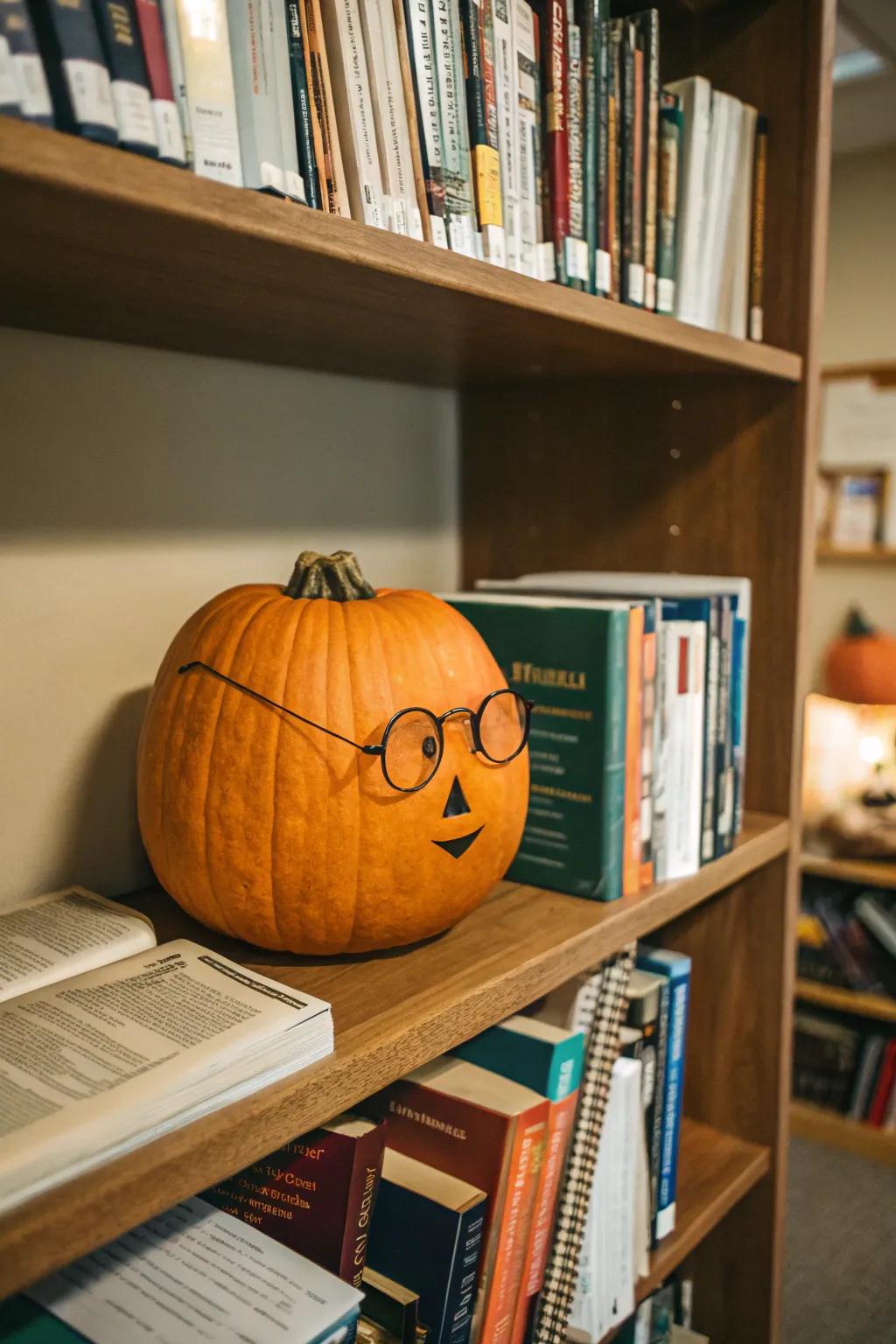 Spectacles impart a scholarly appearance to this pumpkin.