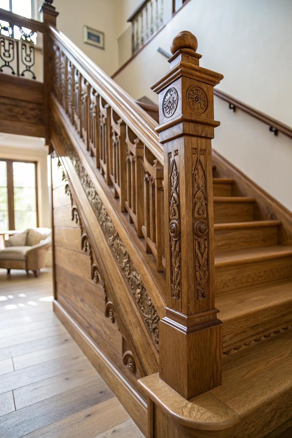 A unique bannister adding elegance and safety to an oak staircase.