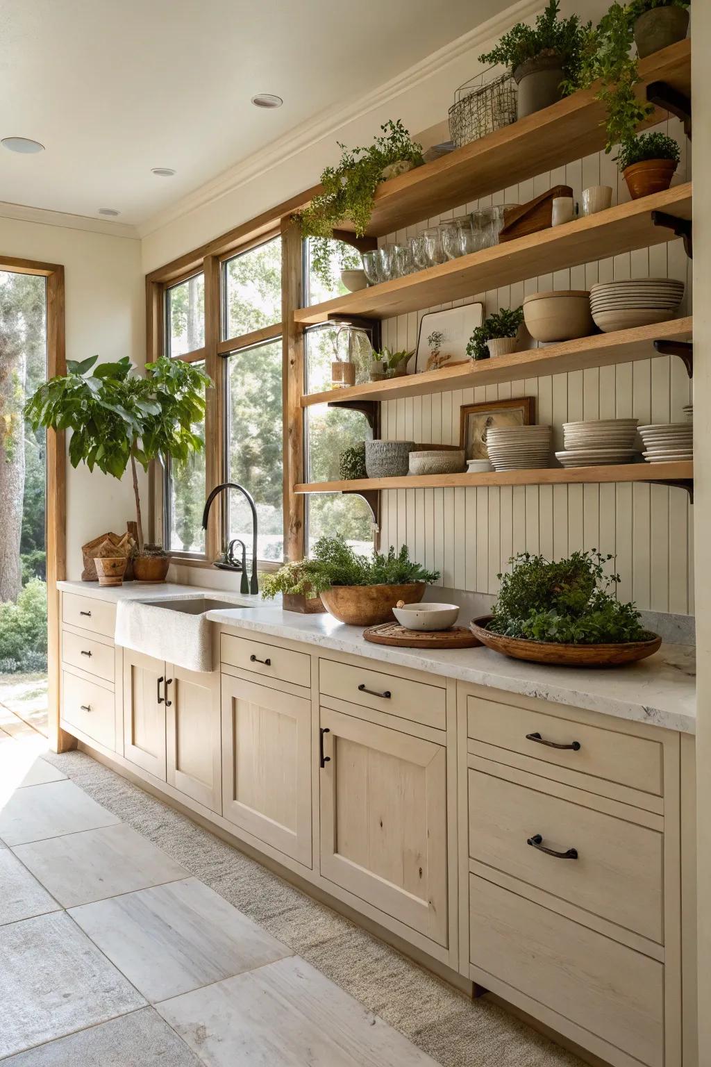 Accessible shelving imparts a customized element to your cooking space.