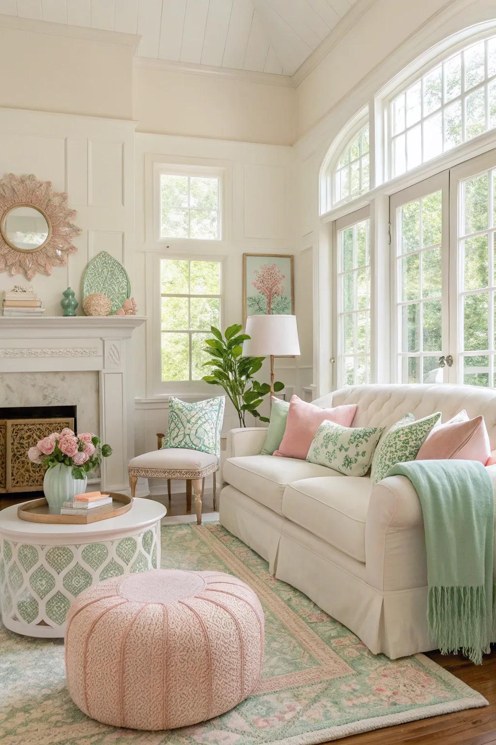 Pastel accents bring a serene touch to an off white living room.