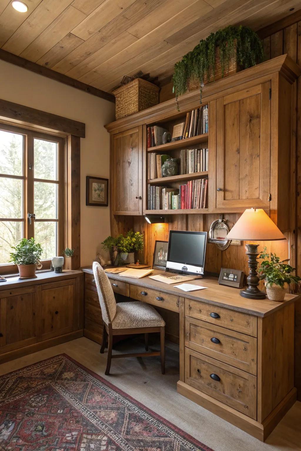 Imbue warmth using rustic wood cabinets.