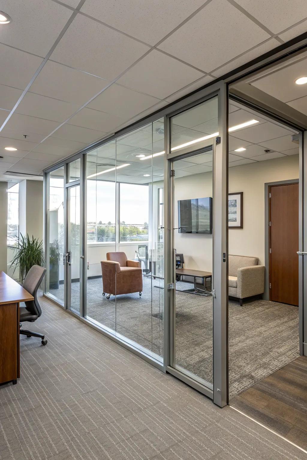 Crystal pocket entrances provide sleek and seamless transitions within offices.
