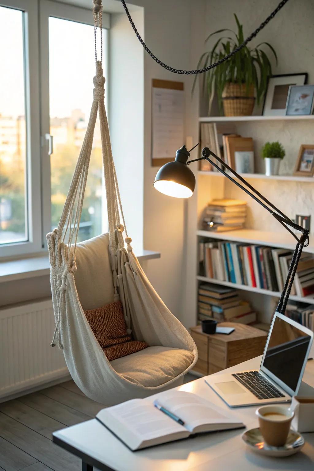 A hanging seat adds a playful and modern twist to this office reading space.