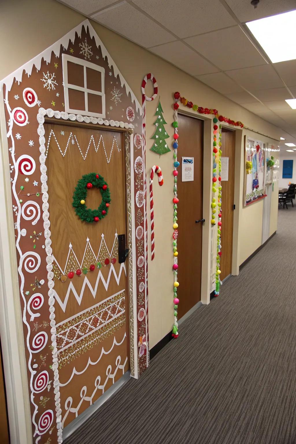 Transfer a gingerbread house to your office entrance.