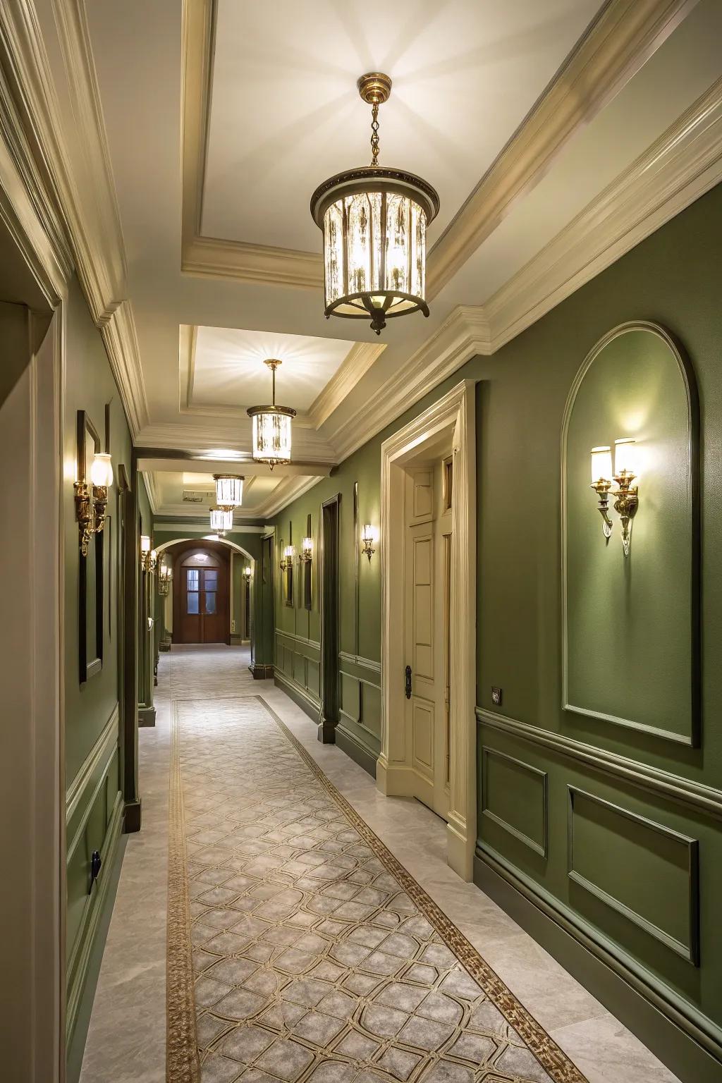 A stylish hallway enhanced with olive green walls.