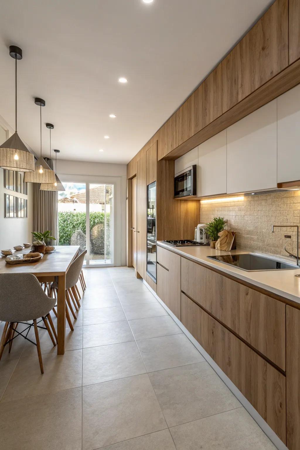 Visual concord in a single-wall kitchen via harmonizing materials.