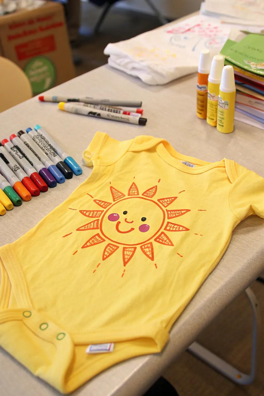 A creatively adorned onesie created with fiber pens.
