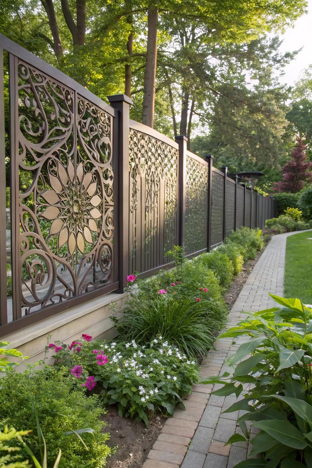 Transform your space with artistic metal pane fencing.