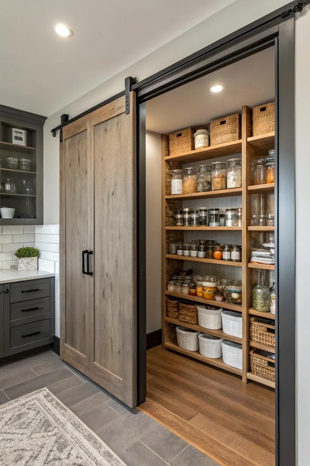 A gliding partition presents a refined choice for masking pantry shelves.