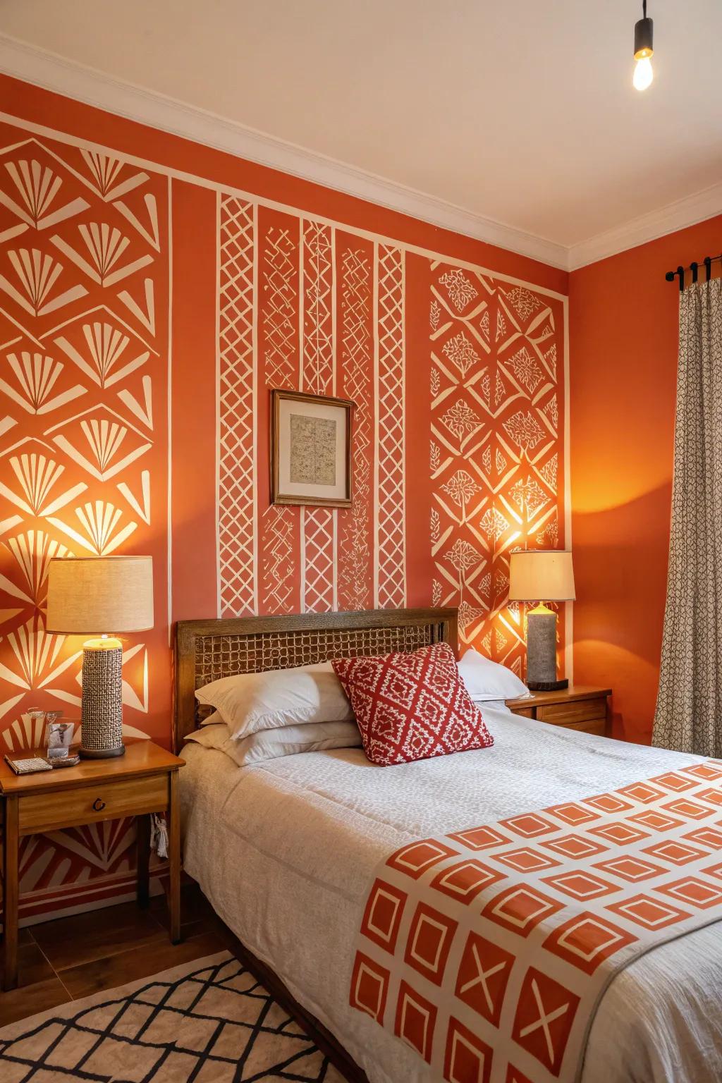 Geometric layouts instill a contemporary reinterpretation to walls painted orange.