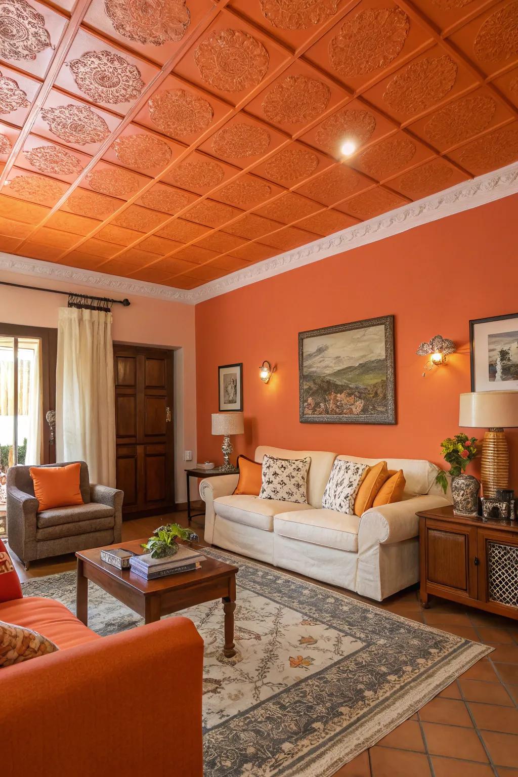 An orange overhead adds a stylish and unexpected twist to this living room.