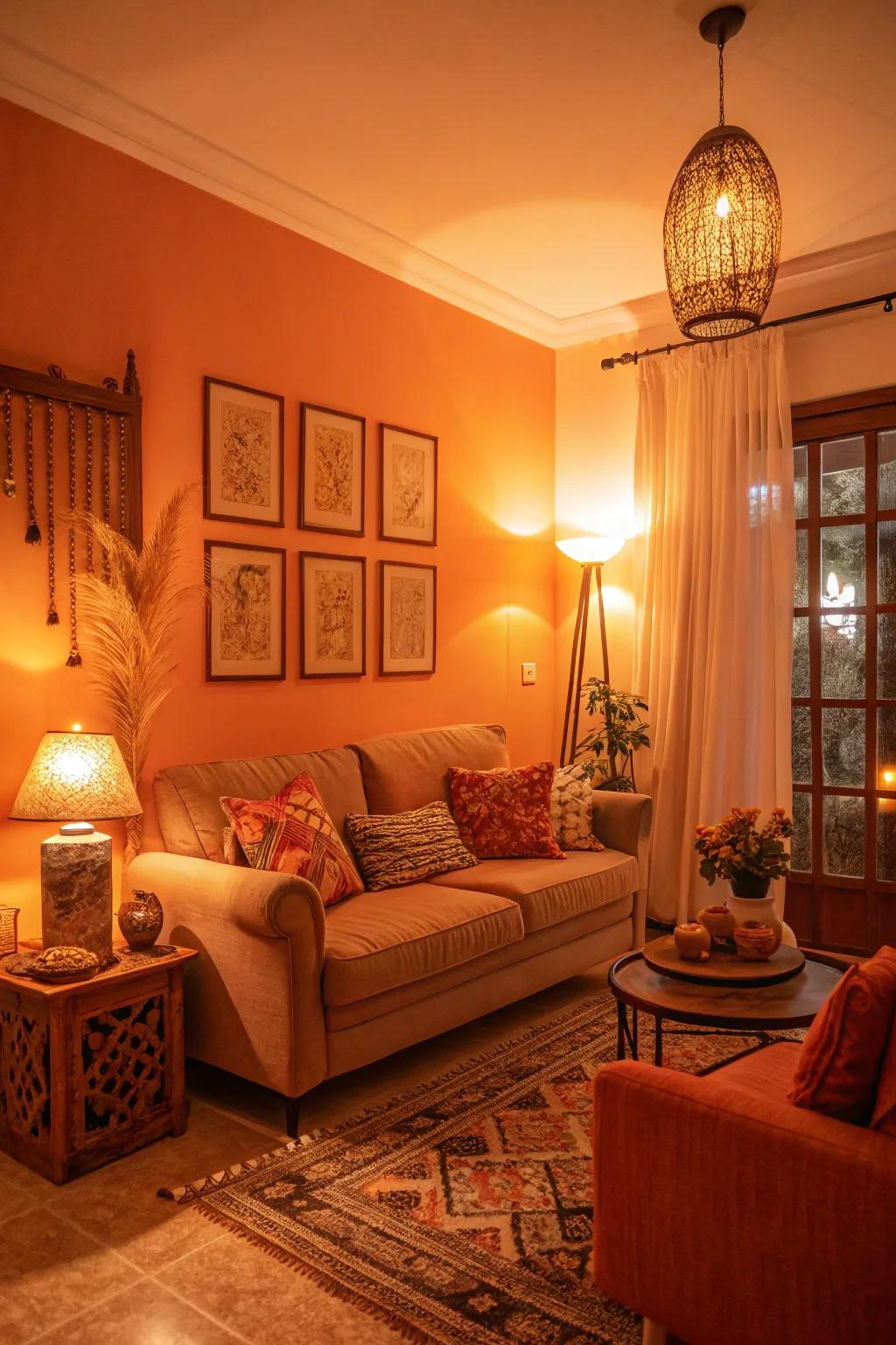 Envision a snug living area where the lighting enhances the glow of orange features.