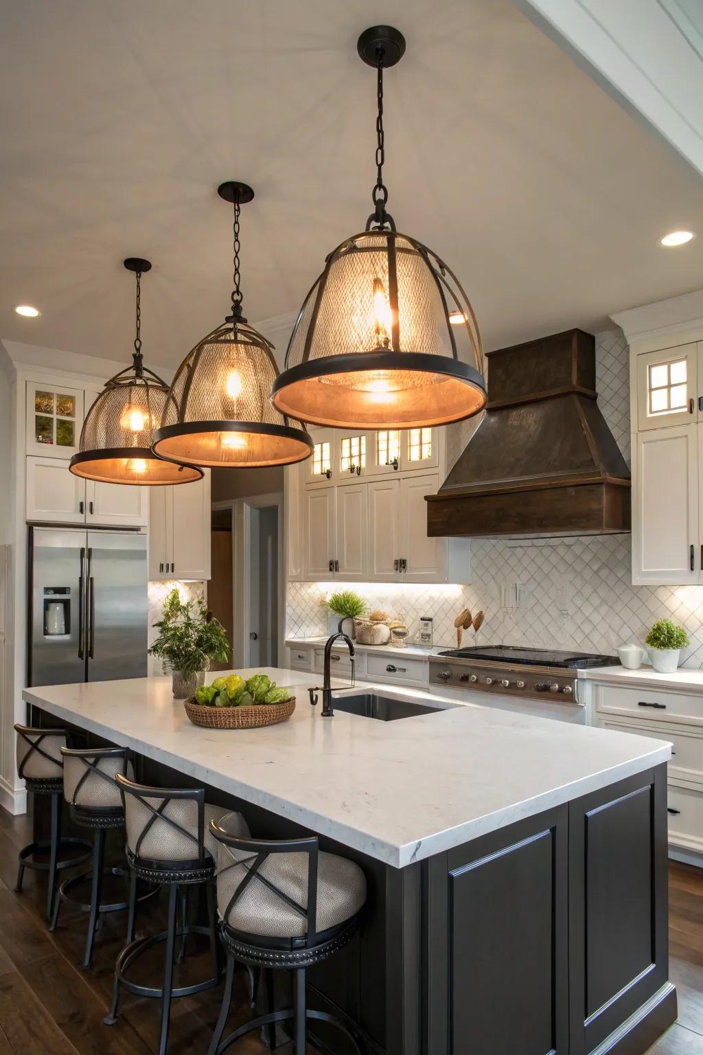 Statement lighting amplifies the kitchen's drama and focus.